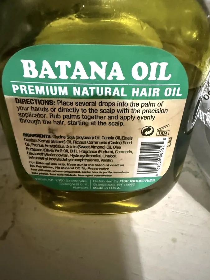 Photograph of the ingredient list on Fisk Industries Batana Oil Premium Natural Hair Oil