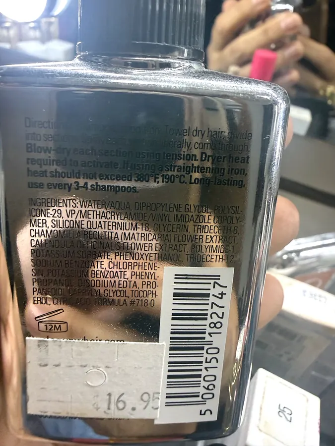 Photograph of the ingredient list on Color Wow Dream Coat Extra Strength (anti-frizz spray)