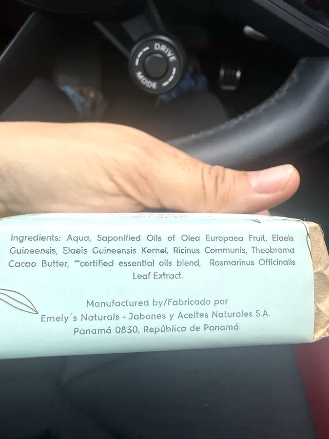 Photograph of the ingredient list on Emely's Naturals Choco Menta Bar Soap