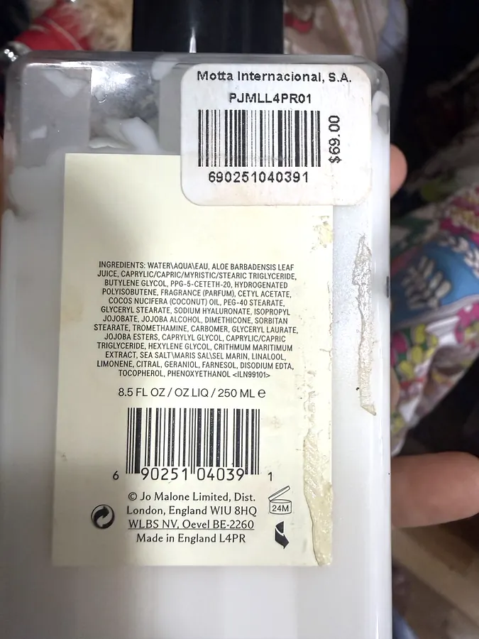 Photograph of the ingredient list on Jo Malone Body Lotion (250 ml, scent not recorded)