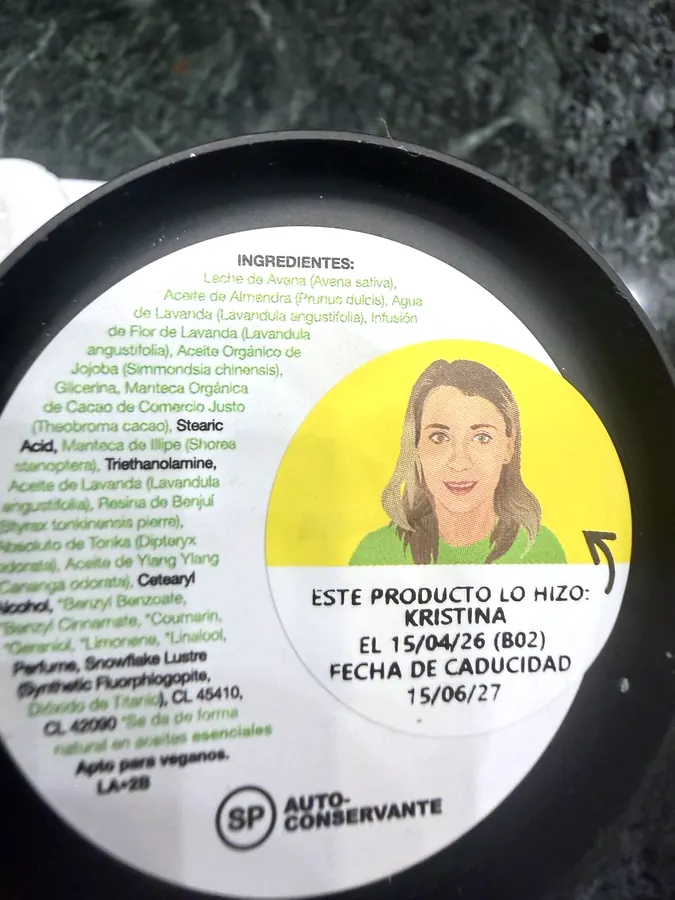 Photograph of the ingredient list on Lush Lavender & Oat Hand and Body Cream