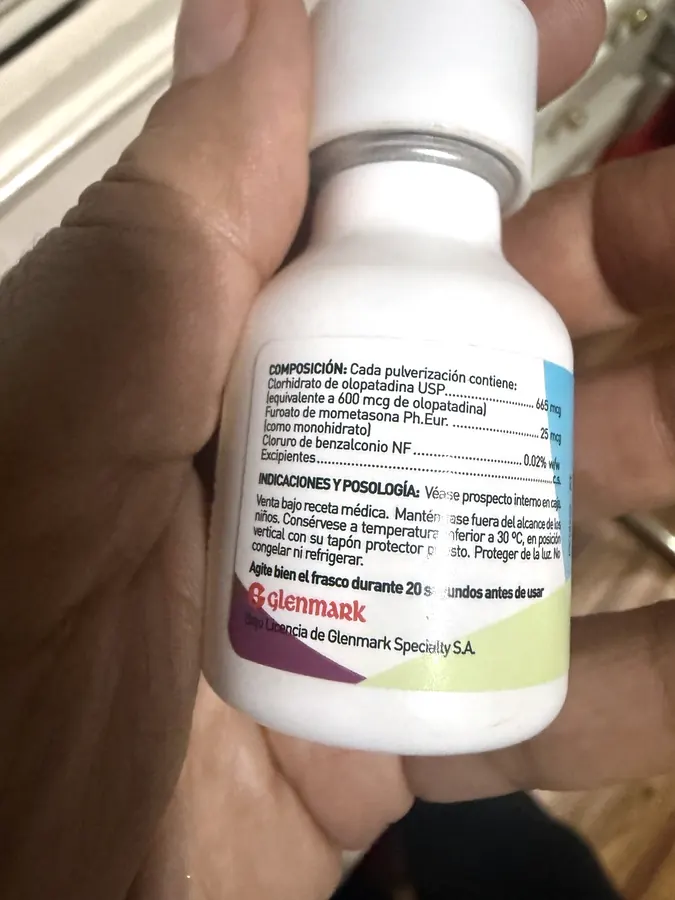 Photograph of the ingredient list on Glenmark Ryaltris Nasal Spray (olopatadine + mometasone)