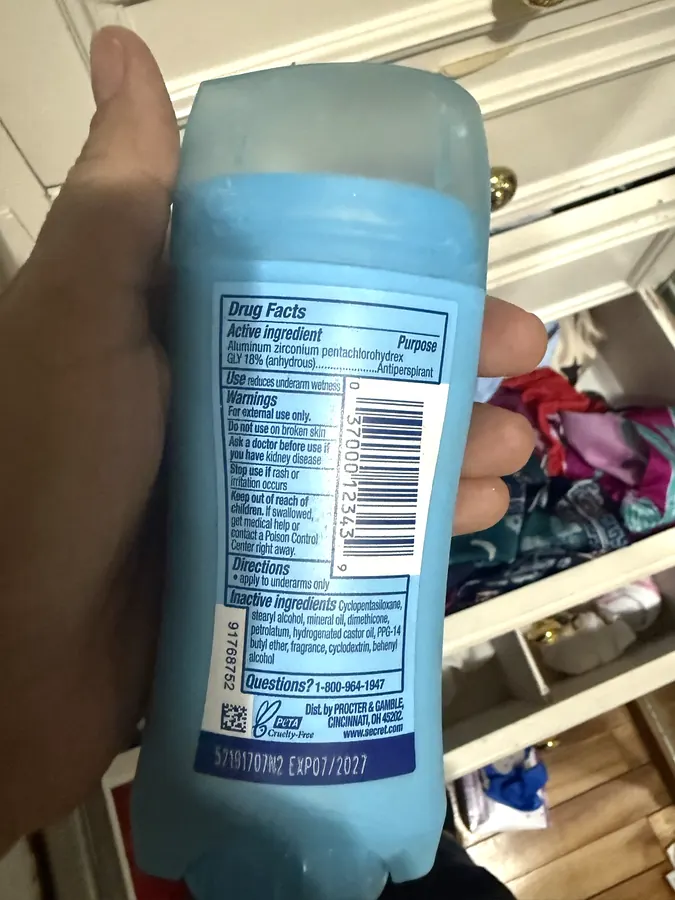 Photograph of the ingredient list on Secret Antiperspirant Deodorant Stick (invisible solid)